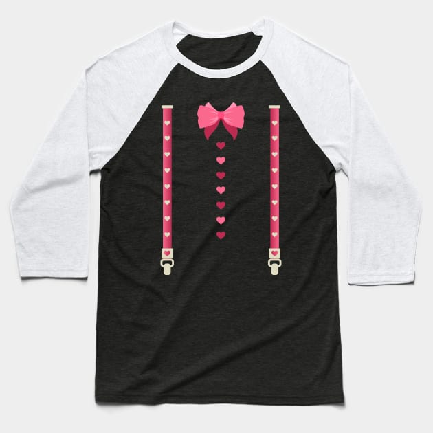 Hearts Bow Tie Suspenders Valentines Day Costume Baseball T-Shirt by Tesszero